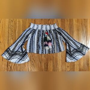Red Carter Off the Shoulder Cropped Bell Sleeve Peasant Blouse with Tassels sz S